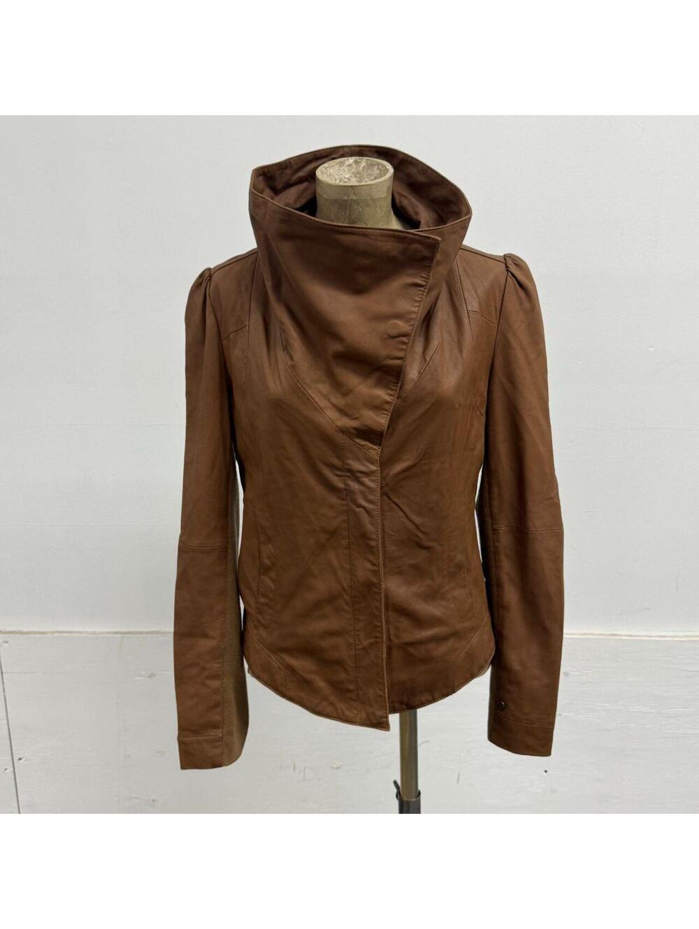 Vintage Tan Funnel Neck Asymmetric Avant Garde Leather Jacket